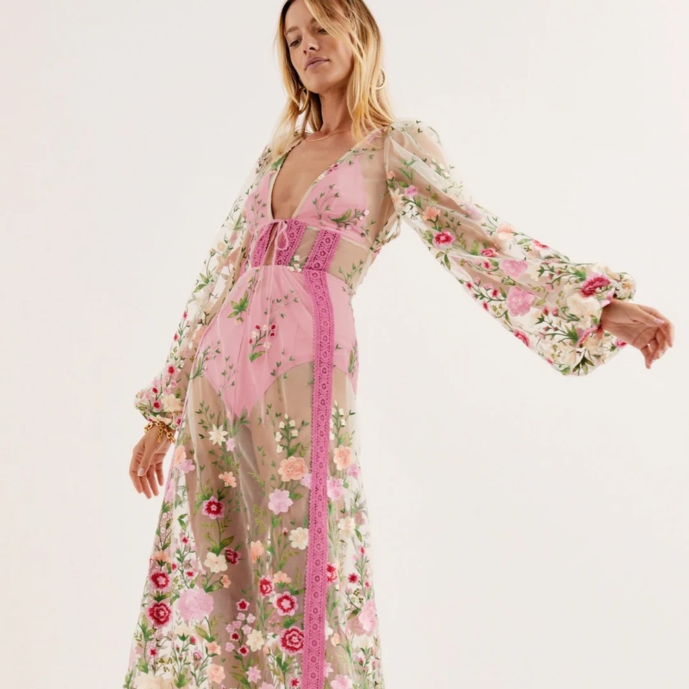 For Love And Lemons Pink Floral Sheer Dress